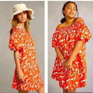 Whit Two Anthro Women"s Dress Small Red Banana Leaf Off Shoulder Smocked Poplin